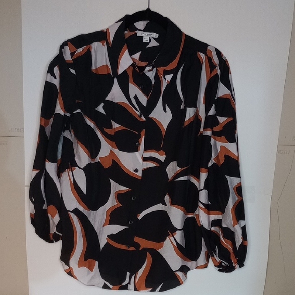 Chico's Black and Orange Patterned Women's Top Size 10 Shirt